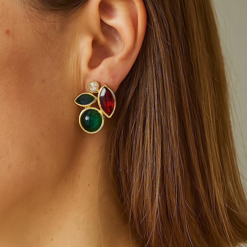 Vintage Acrylic Stone Clip Earrings red green blue gold tone